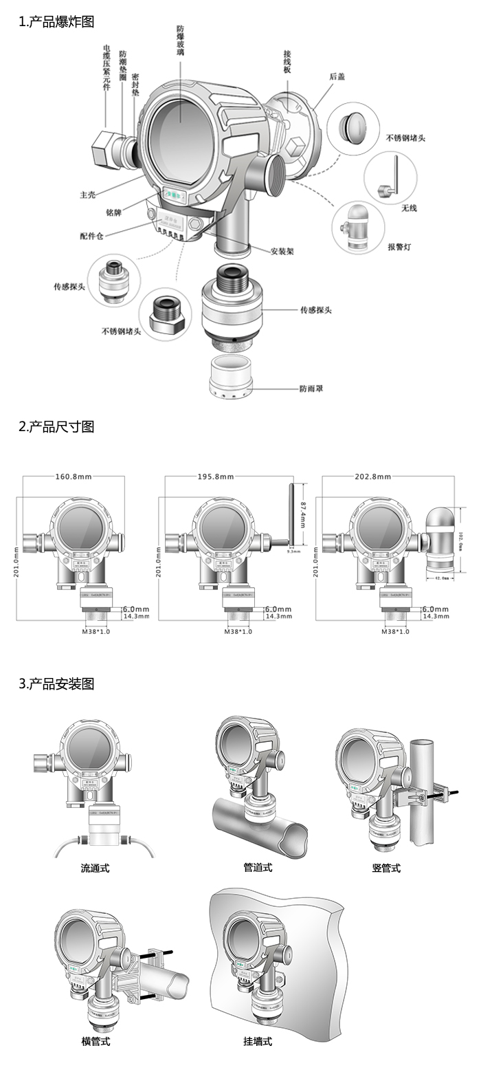 机气猫固定安装式1-丁炔浓度报警器型网络版尺寸与安装图